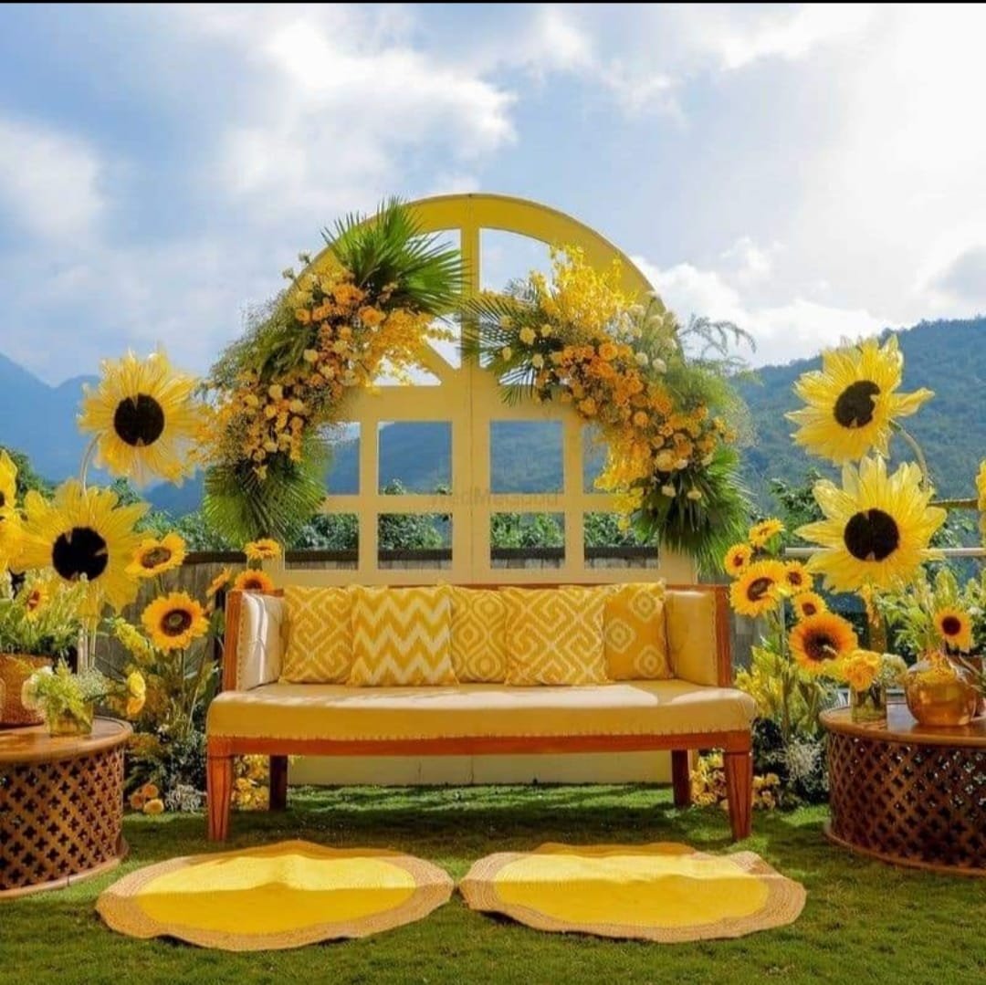 Modern minimalist mandap design with elegant white draping